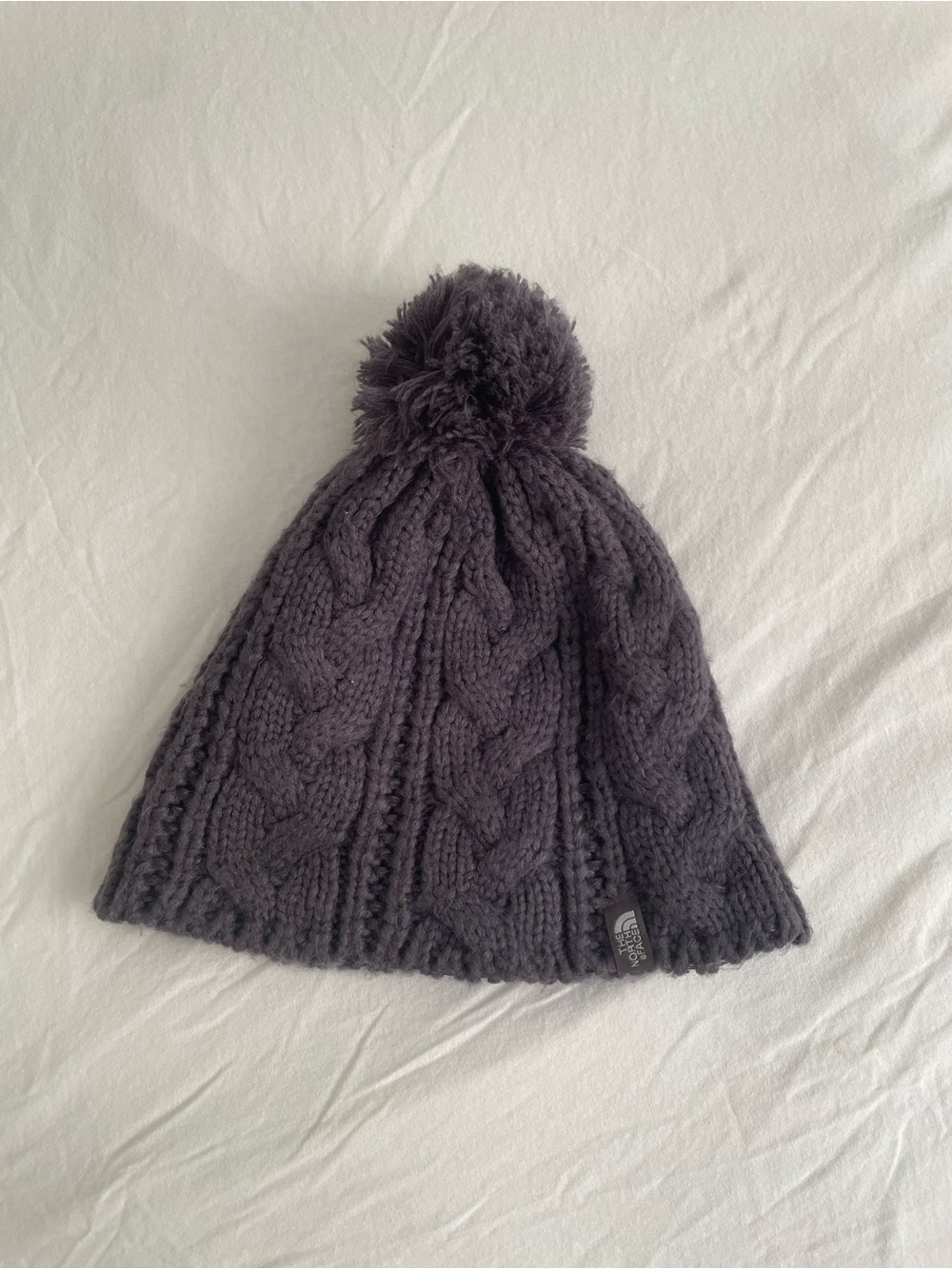 The North Face Purple Gray Cable Knit Beanie with Pom Pom